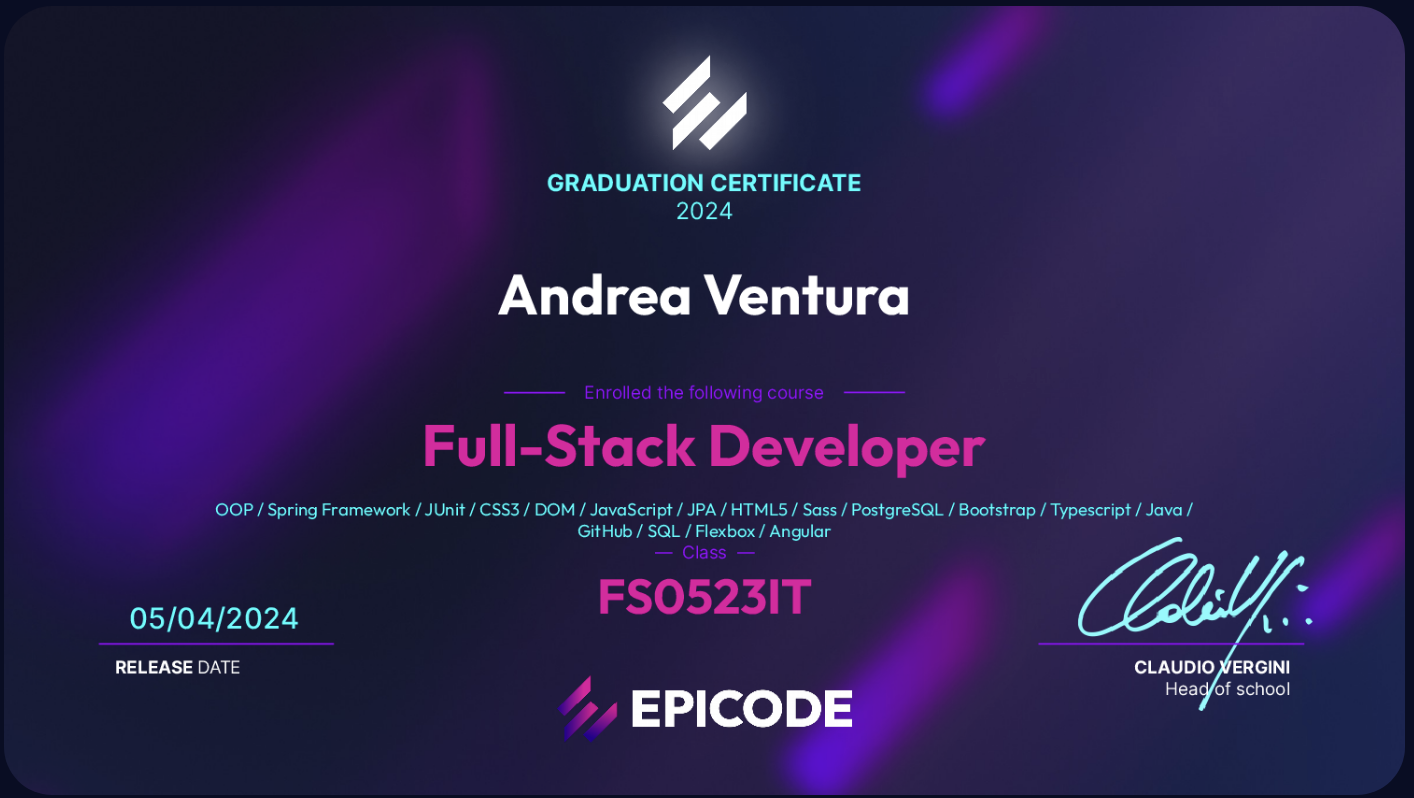 Certificato Full Stack Developer Epicode